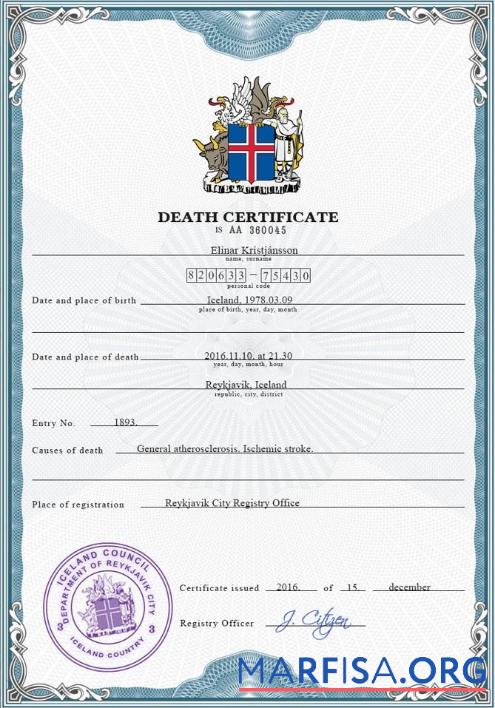 Realistic Iceland vital record death certificate PSD template